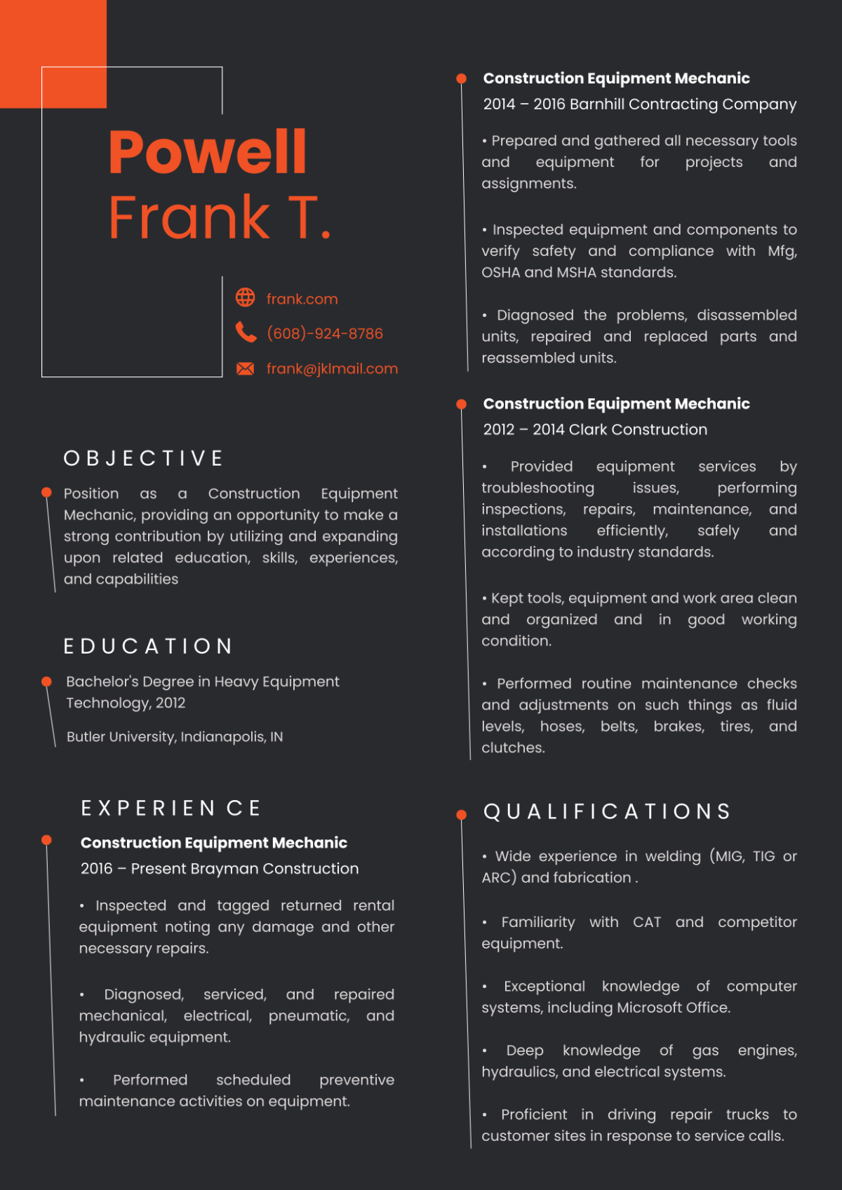 Free Construction Equipment Resume Template to Edit Online