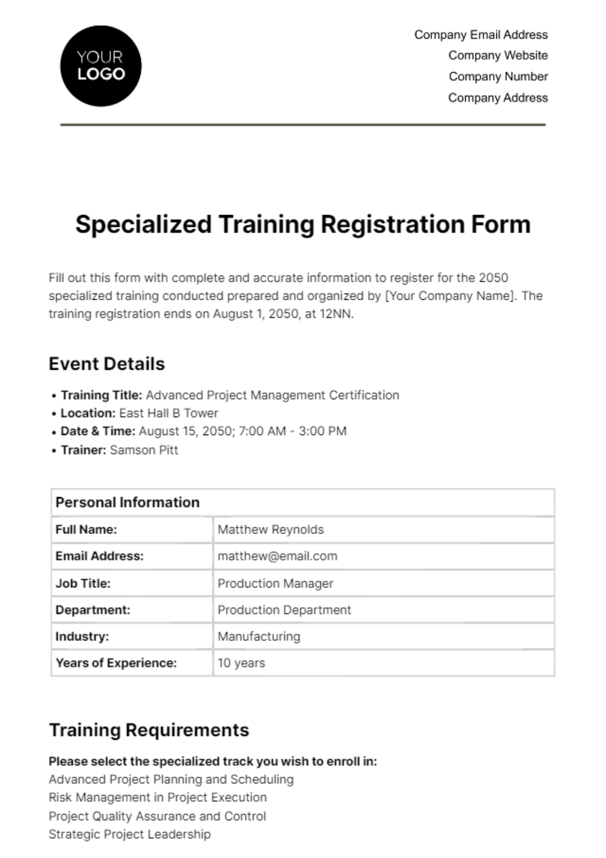 Free Specialized Training Registration Form HR Template to Edit Online