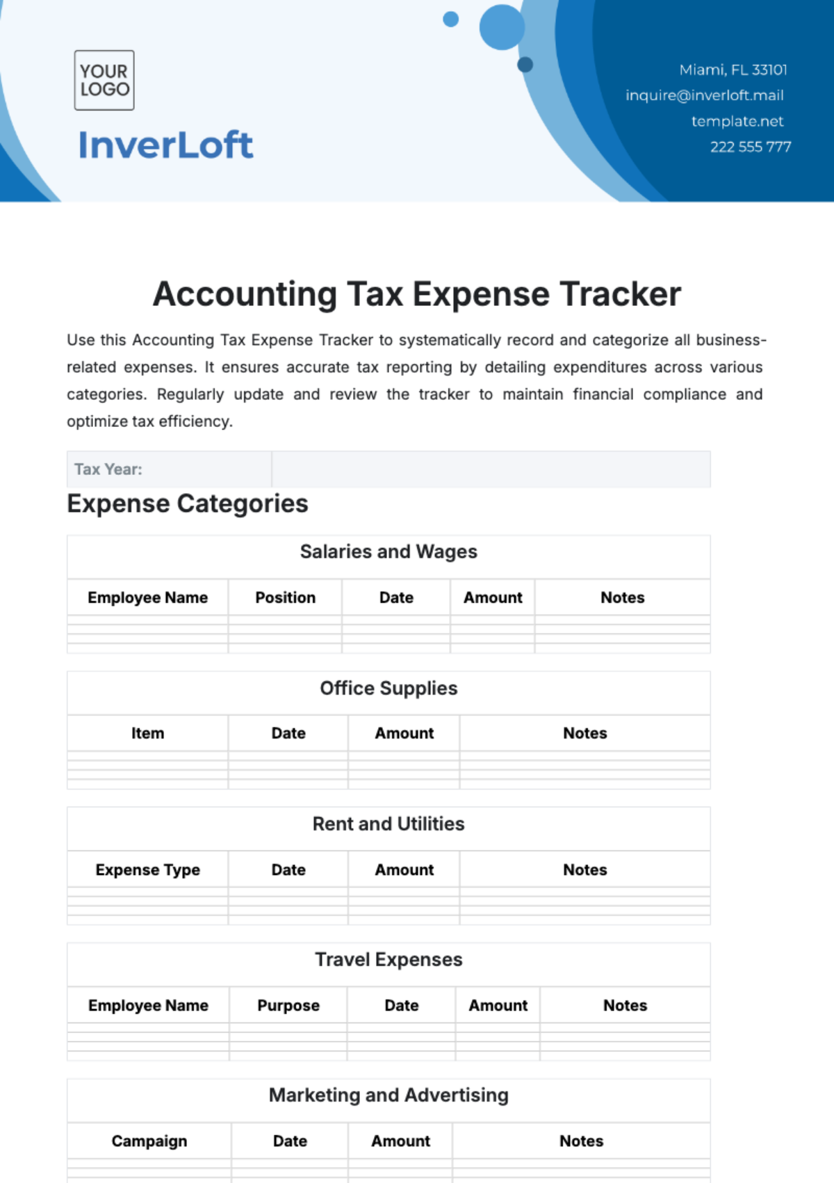 Free Accounting Tax Expense Tracker Template to Edit Online