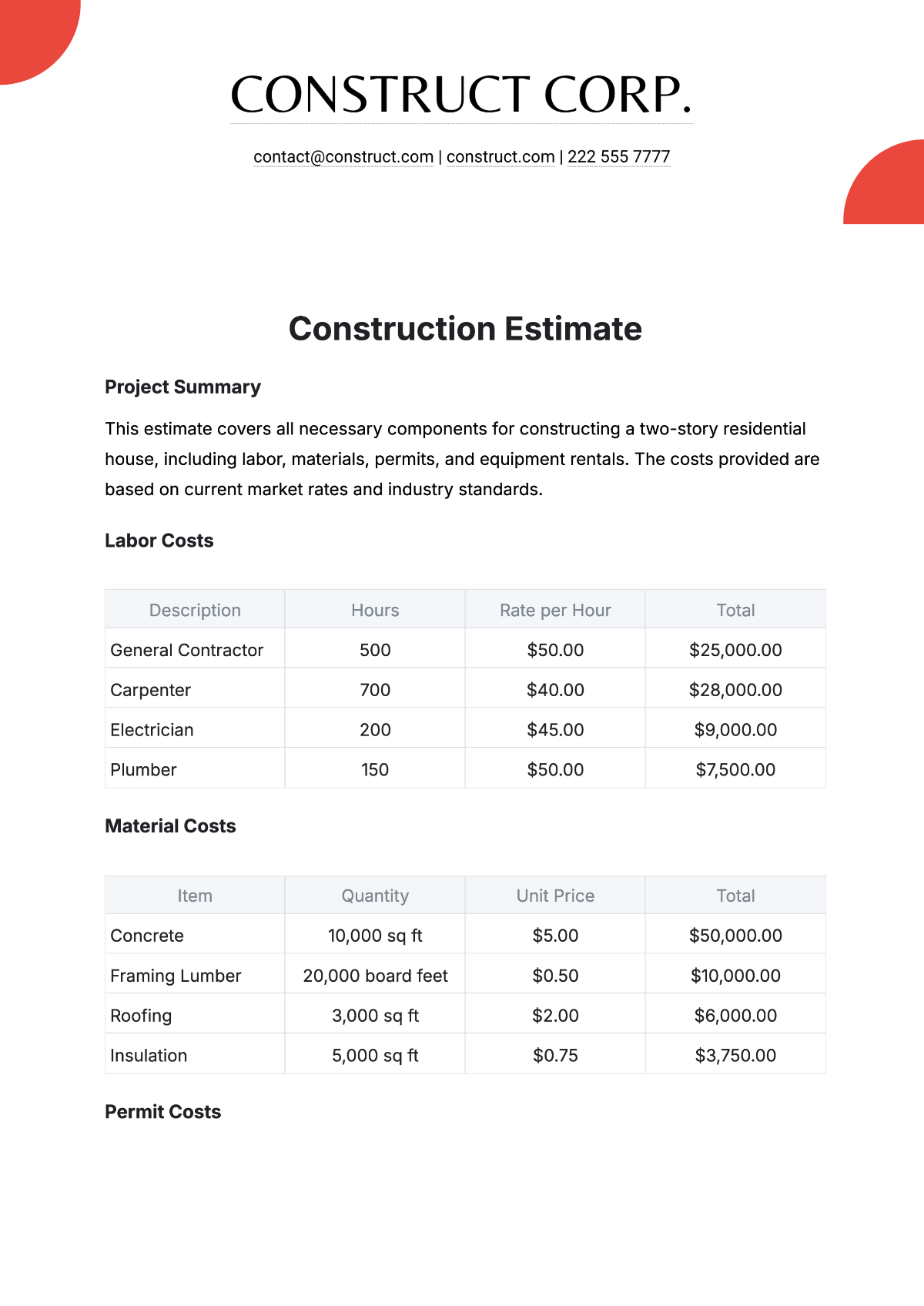 Free Construction Estimate Template to Edit Online