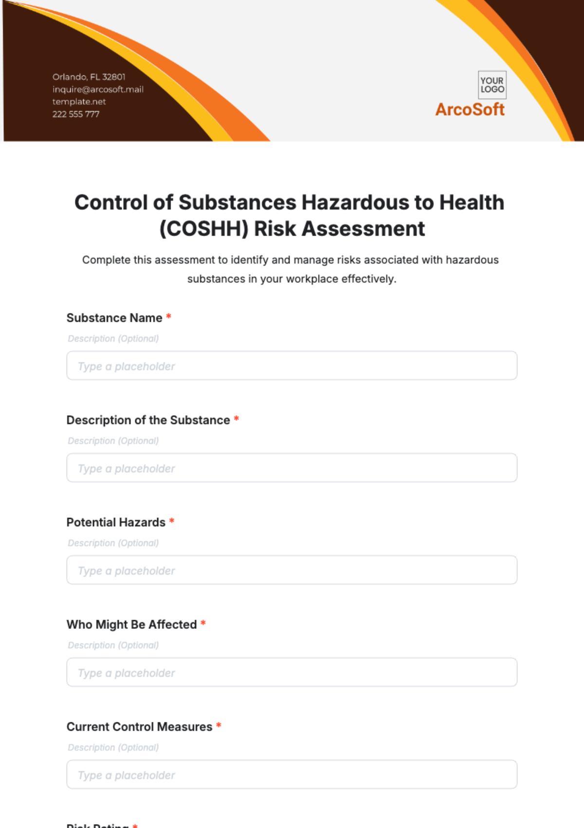 Free Control of Substances Hazardous to Health %28COSHH%29 Risk Assessment Form Template to Edit Online