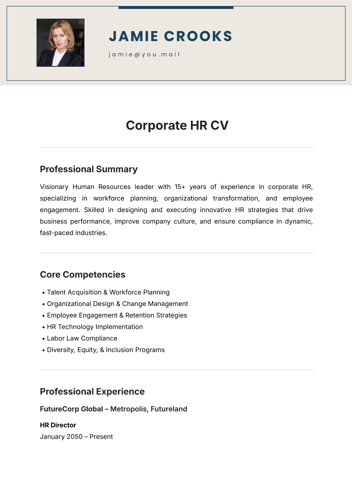 Free Corporate HR CV Template to Edit Online