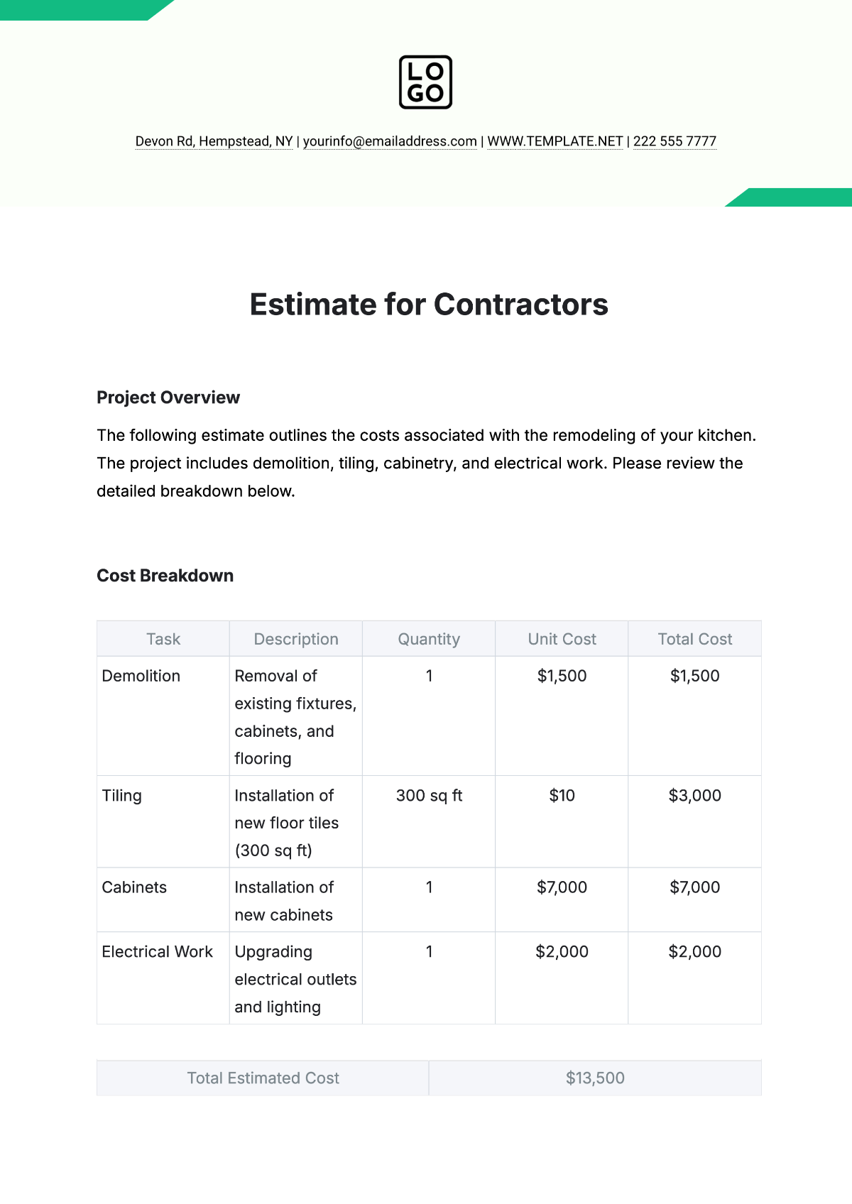 Free Estimate Template for Contractors to Edit Online
