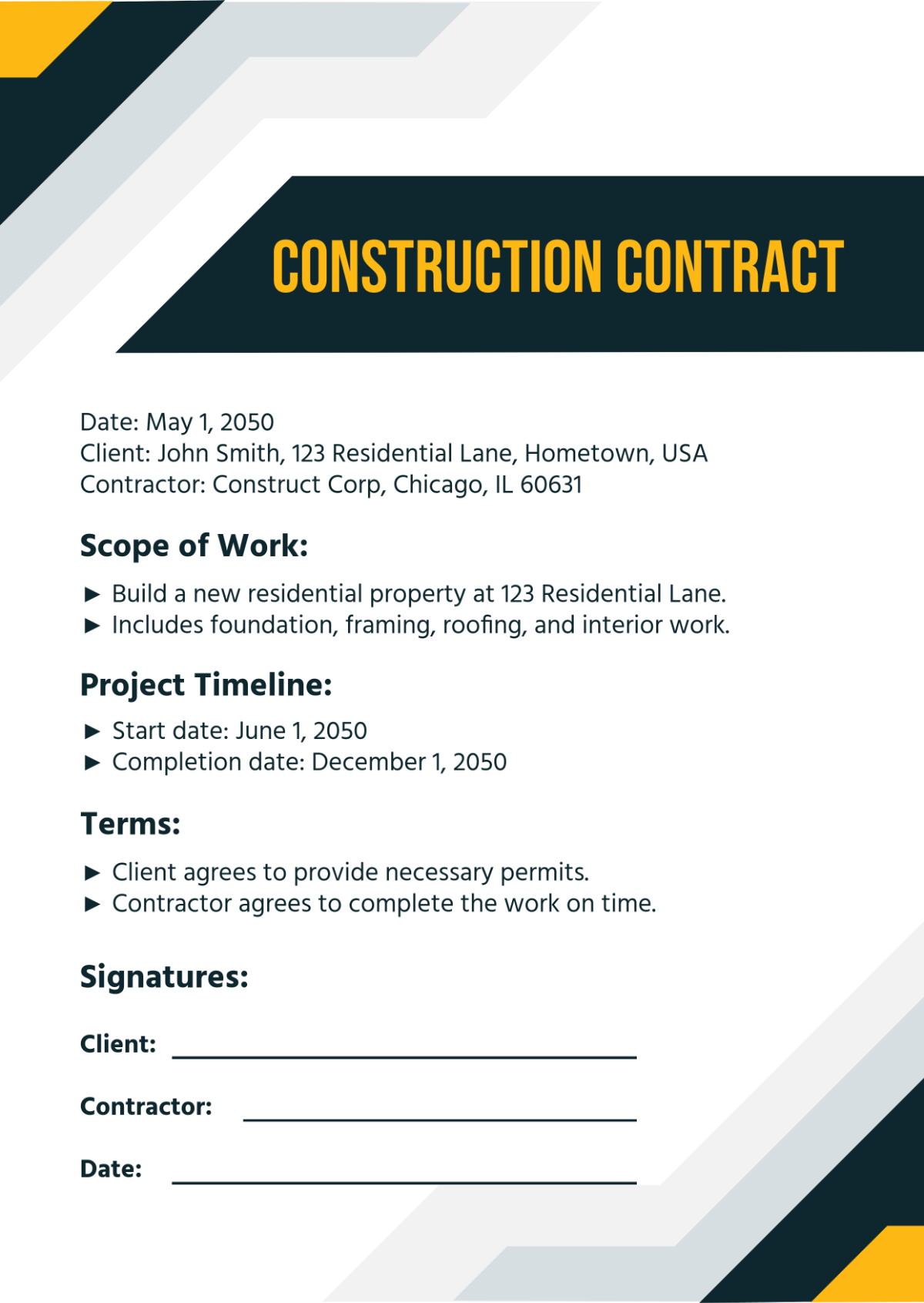 Free One Page Construction Contract Template to Edit Online