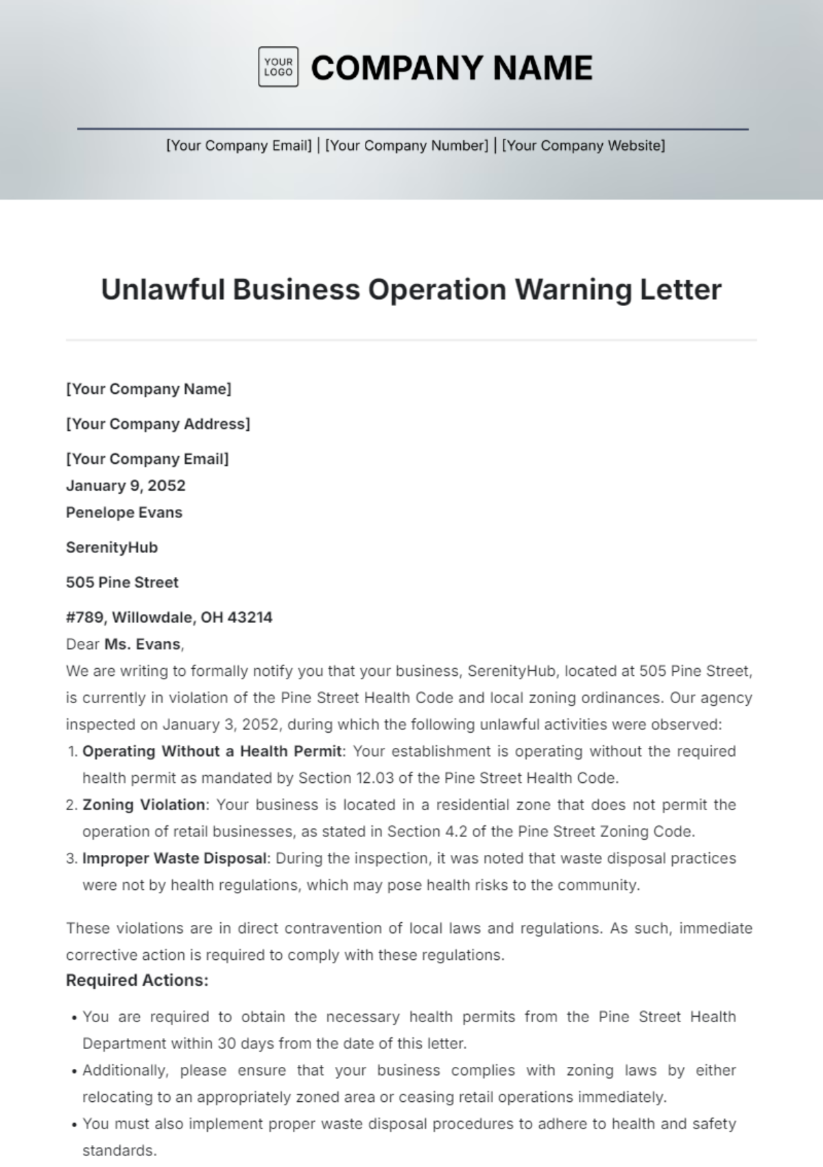 Free Unlawful Business Operation Warning Letter Template to Edit Online